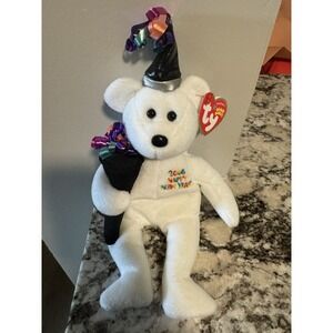 TY Beanie Baby Happy NEW YEAR Bear 2006 White Bear With Party Favors Ribbons